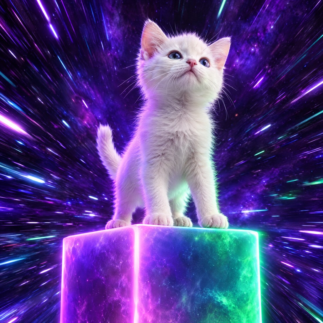 A white kitten standing on a glowing first-place block in space